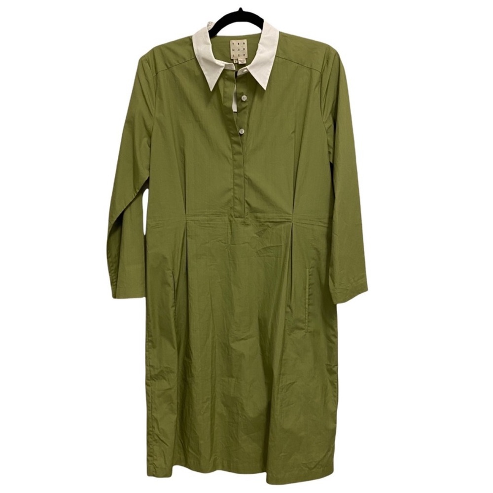 Trademark Green Minimalist Long Sleeve Button Front Collared Sheath Dress NWT 8